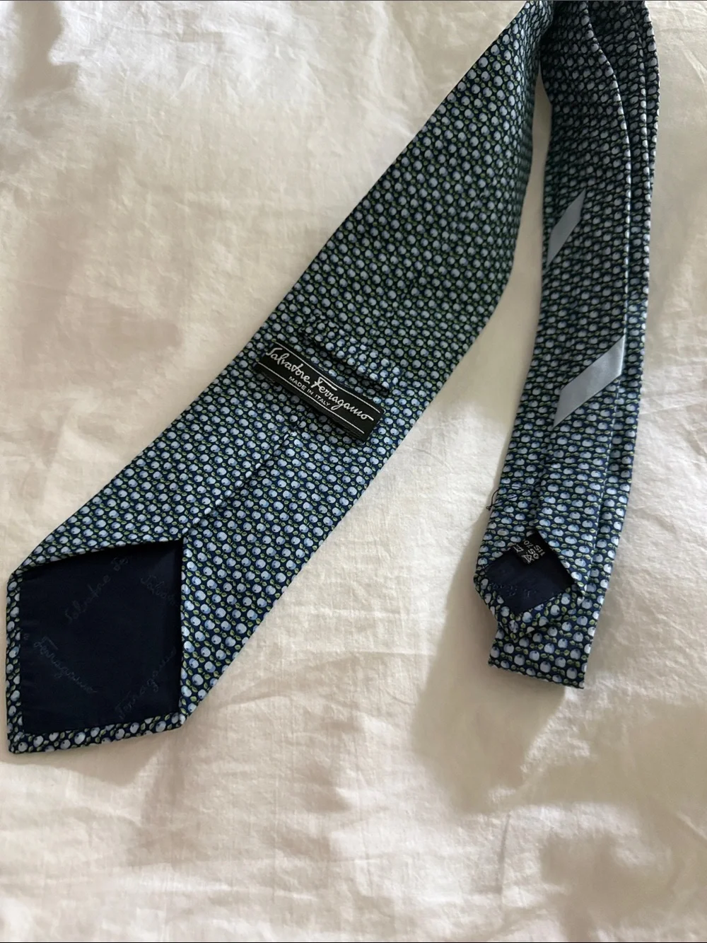 Salvatore Ferragamo Navy Silk Tie with Light Blue Apples Motif